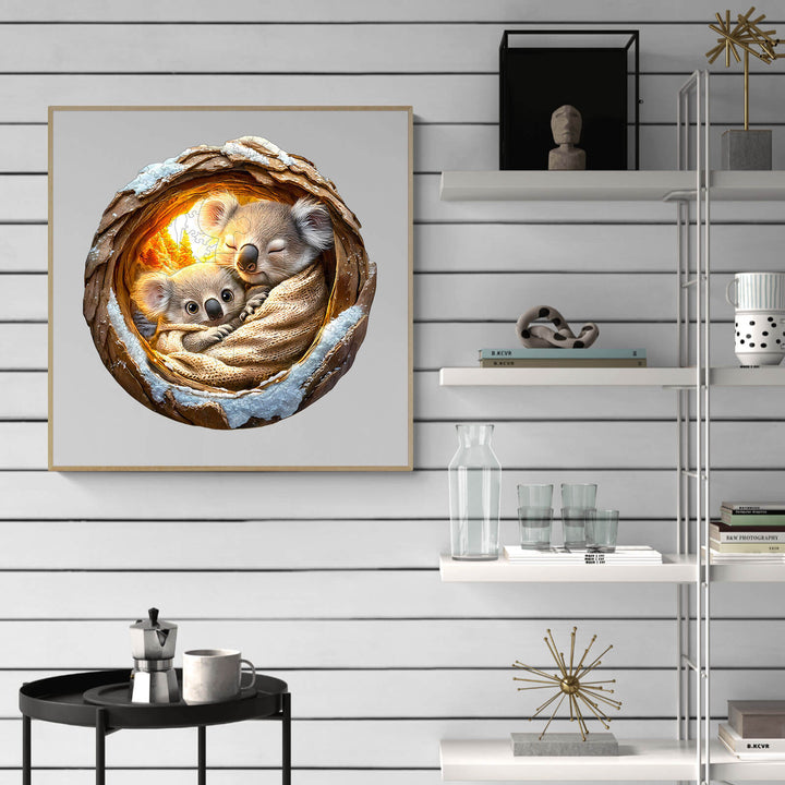 3D wooden jigsaw puzzle featuring koalas in a cozy nest, ideal for mindful play and cognitive improvement.