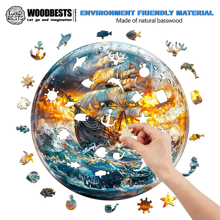 Person assembling the Stormy Voyage wooden jigsaw puzzle, featuring a ship in a stormy sea, made of natural basswood.