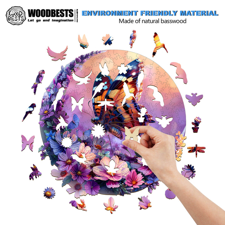 Wooden jigsaw puzzle featuring butterfly and moon design, made from eco-friendly basswood. Ideal for brain games.