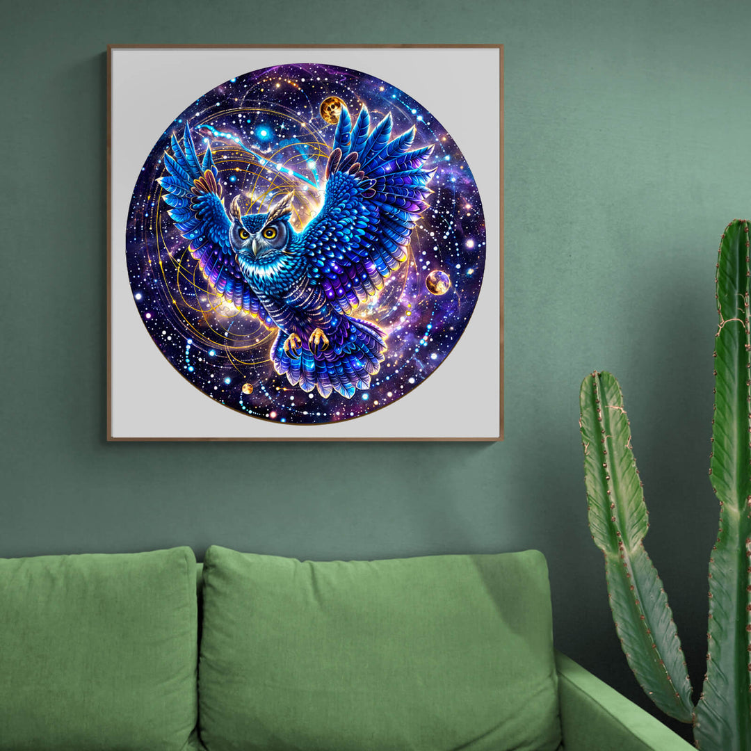 Galaxy Owl-1 wooden jigsaw puzzle featuring a cosmic owl design in space, perfect for enhancing focus and cognitive skills.