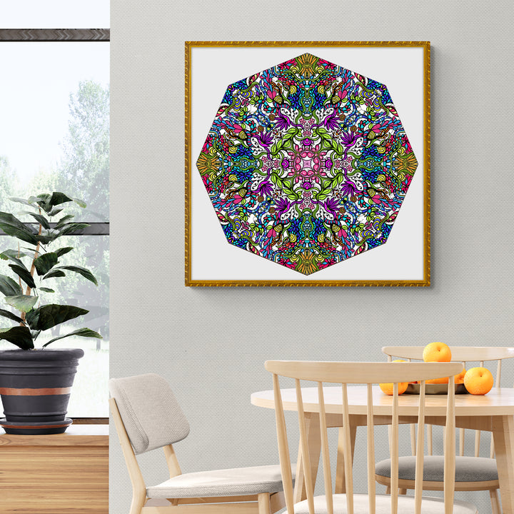 Vibrant hexagonal doodle art by Lori Anne McKague, featuring intricate patterns and colors, perfect for modern interior decor.