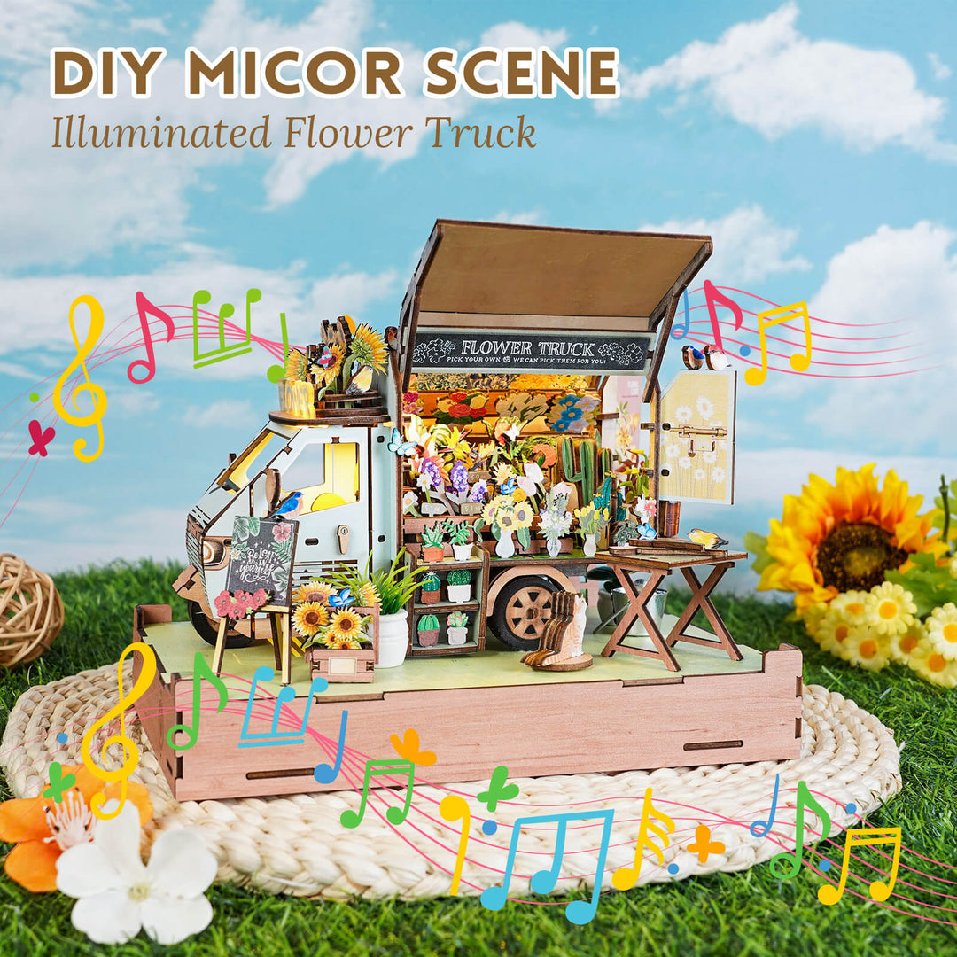 DIY miniature illuminated flower truck scene with vibrant flowers and engaging details.