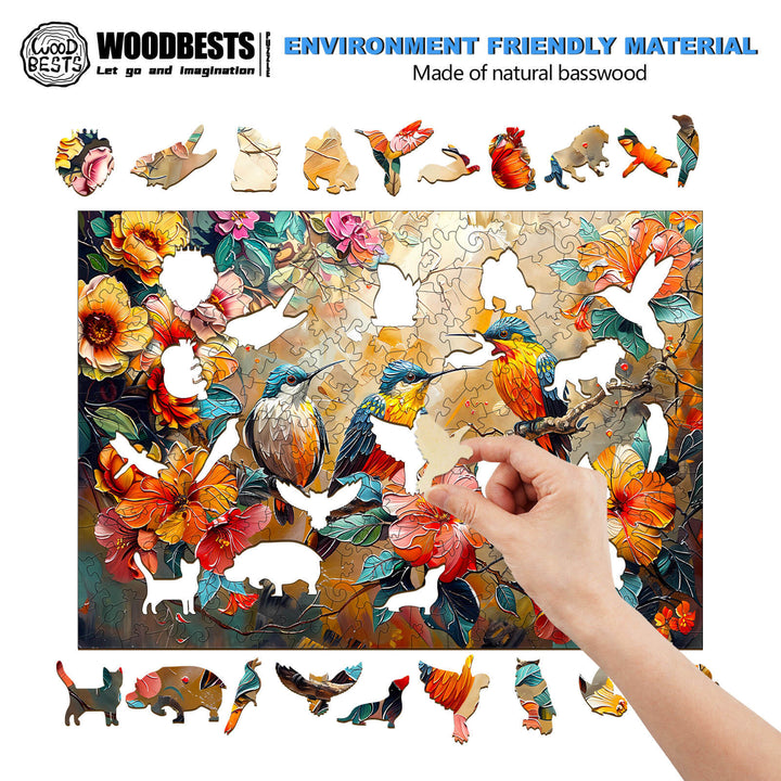 Wooden jigsaw puzzle featuring colorful hummingbirds and flowers, promoting focus and mental engagement.
