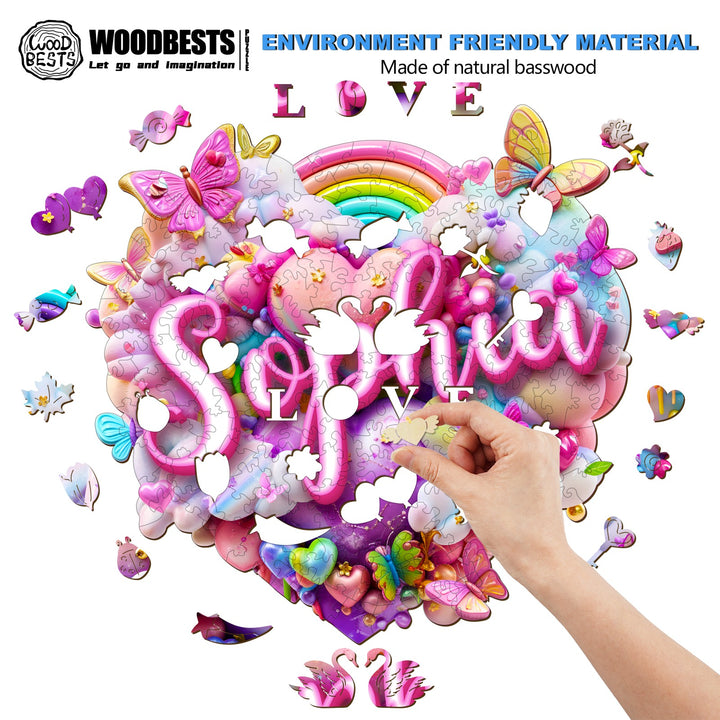 Custom name wooden jigsaw puzzle featuring colorful butterflies and clouds, personalized for Sophia.