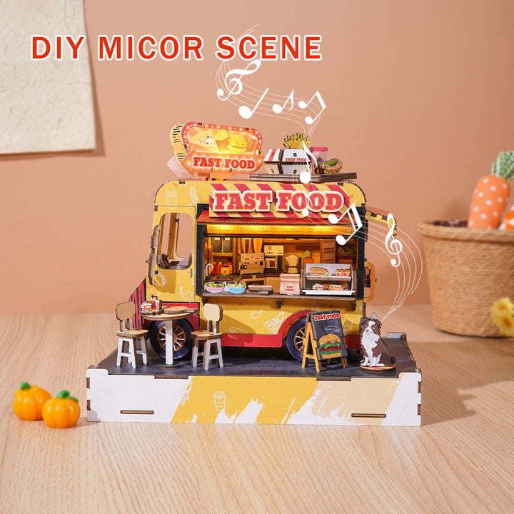 DIY miniature fast food cart puzzle with detailed design, showcasing a vibrant food scene and crafting elements.