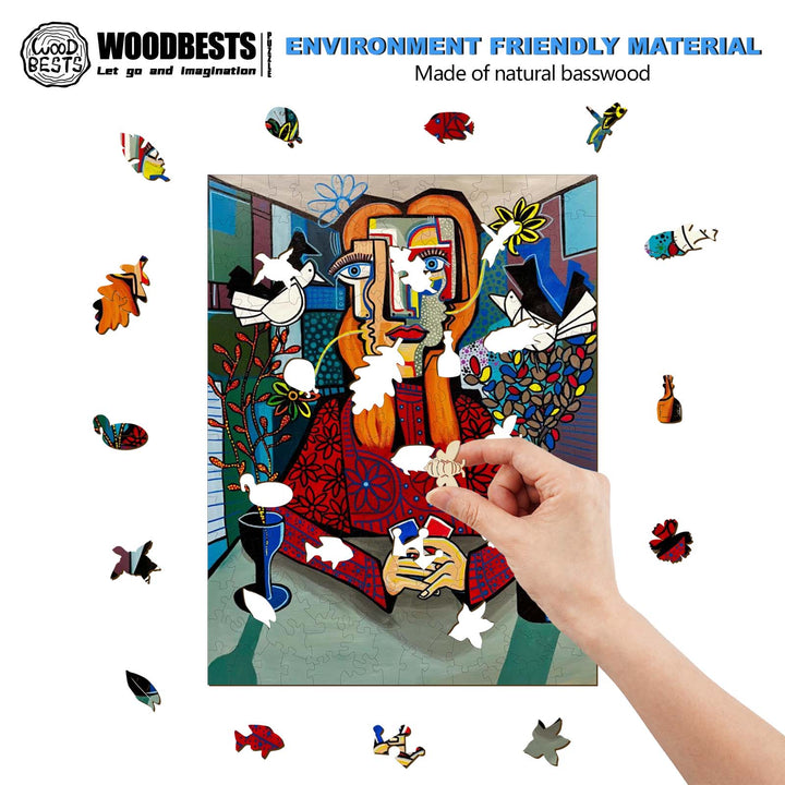 Person assembling a colorful wooden puzzle made from natural basswood, showcasing artistic design and eco-friendly materials.