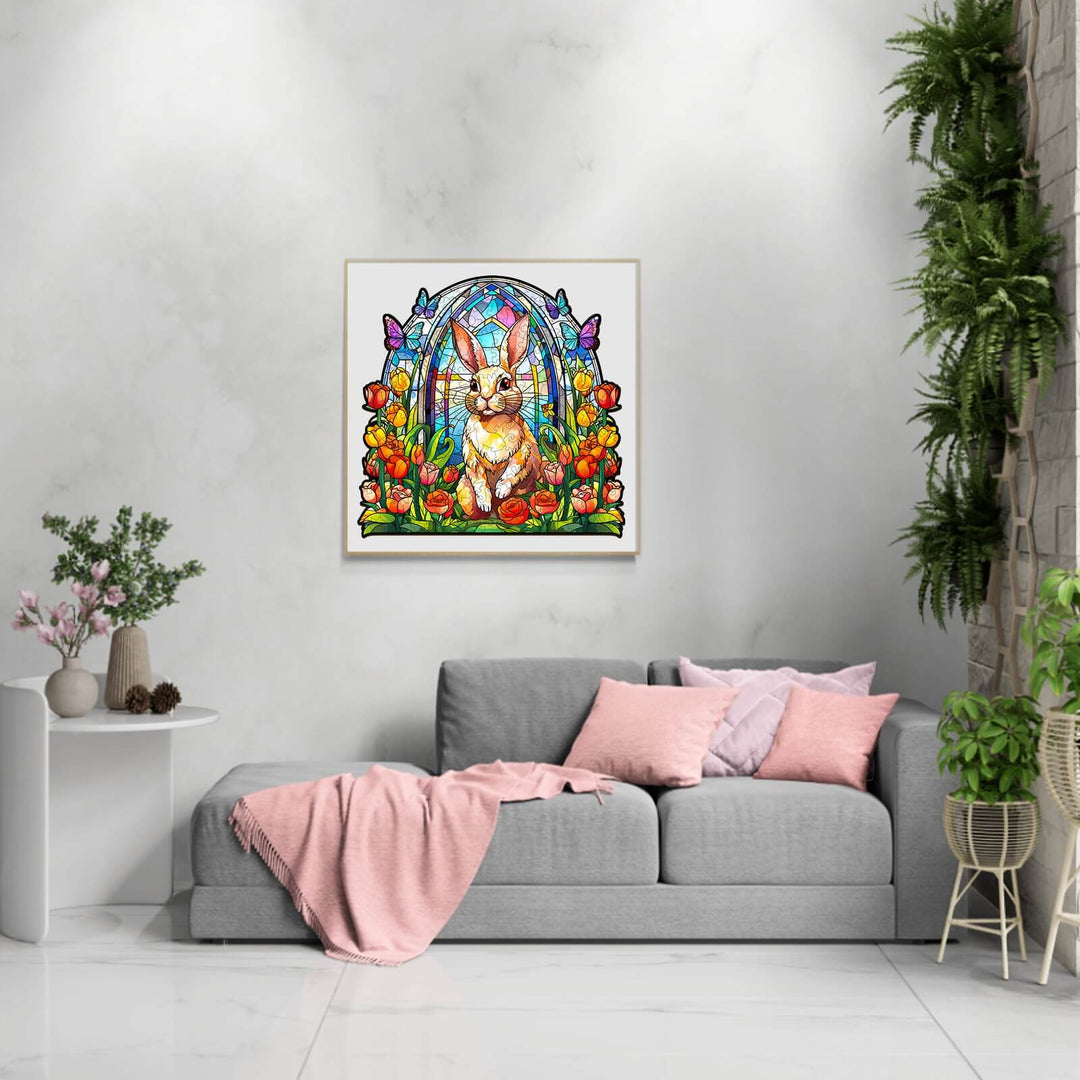 Stained Glass Rabbit wooden jigsaw puzzle displayed in a cozy living room setting with floral decor.