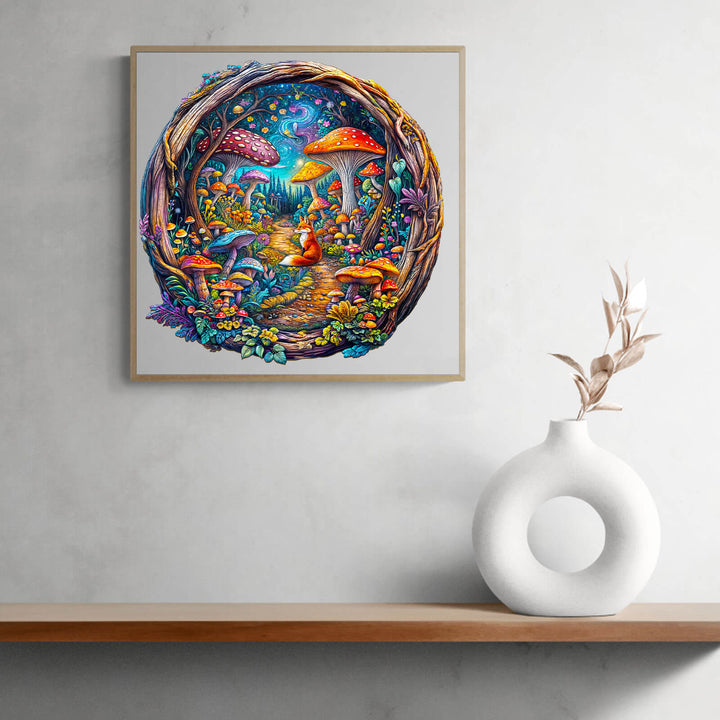Colorful 3D Mushroom Forest puzzle artwork displayed on a shelf, featuring vibrant mushrooms and enchanting forest scenery.