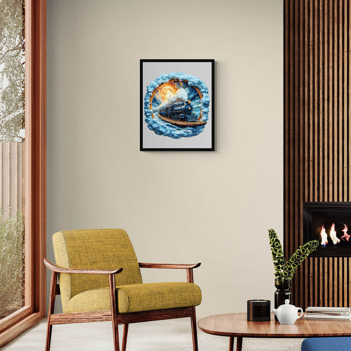 Framed 3D Moonlight Trajectory jigsaw puzzle artwork in a modern living room setting with a cozy chair.