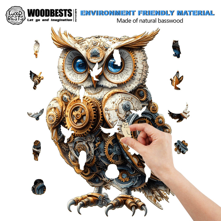 Mechanical Owl wooden jigsaw puzzle made from natural basswood, featuring intricate mechanical designs.