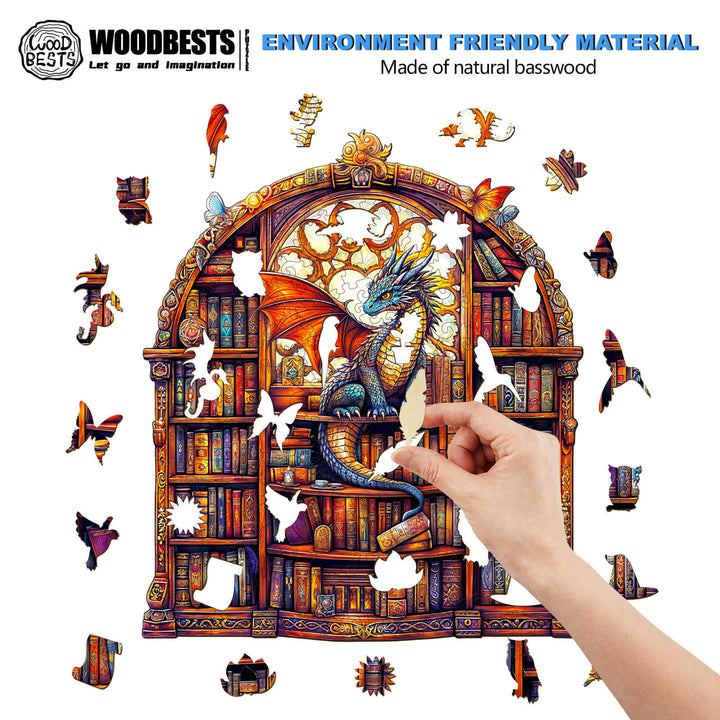 Hand placing a jigsaw puzzle piece into a colorful wooden dragon puzzle made from natural basswood.