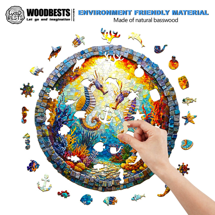 Hand placing a piece in 3D Seahorses in Harmony wooden jigsaw puzzle made of natural basswood.