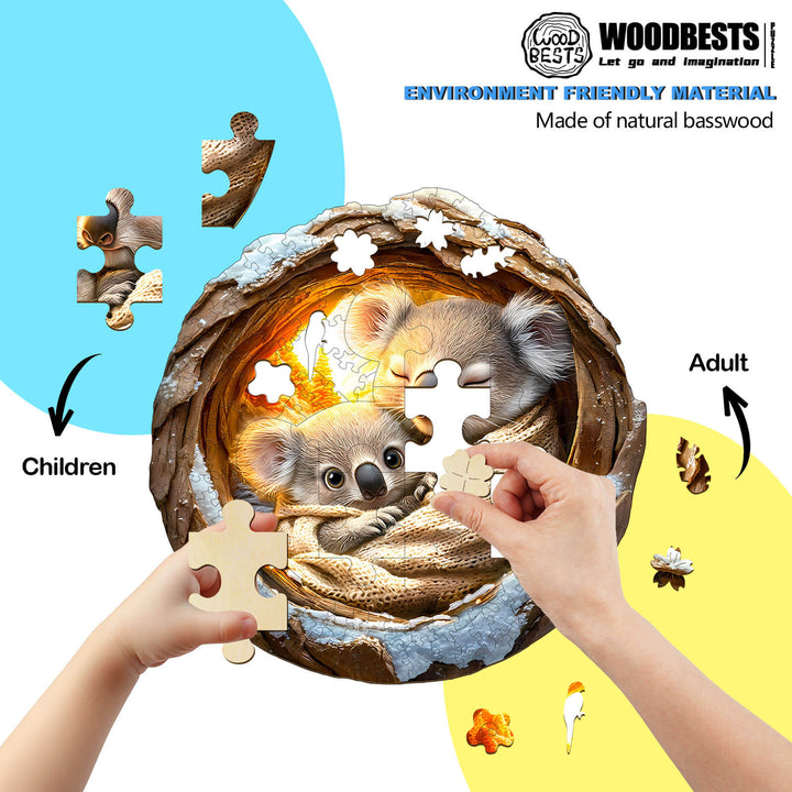 3D wooden jigsaw puzzle featuring koalas, designed for children and adults, made from eco-friendly basswood.