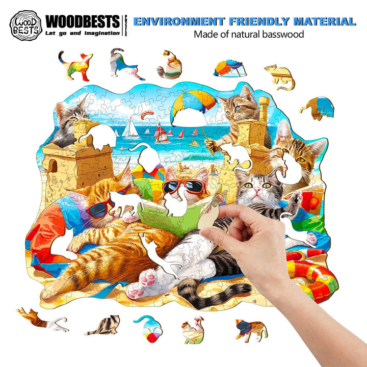 Colorful Beach Cat Wooden Jigsaw Puzzle featuring playful cats and beach scene, crafted from natural basswood.
