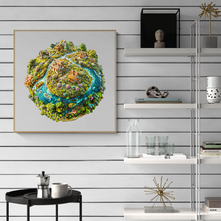 Colorful artwork of a scenic landscape with houses, river, and greenery, displayed on a modern shelf against a minimalist wall.