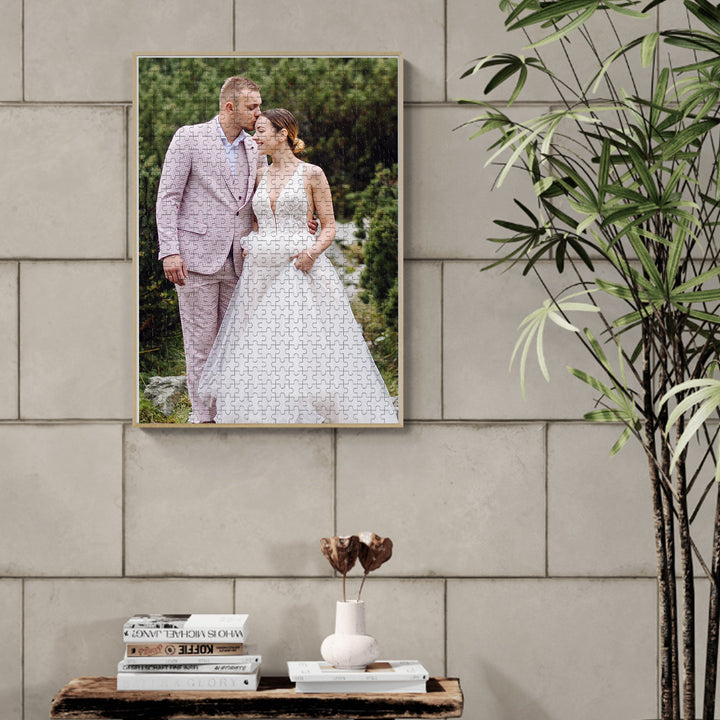 Personalized wedding photo puzzle displayed on a wall, celebrating love and special moments.