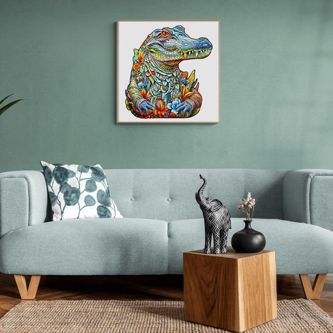 Colorful crocodile artwork displayed in a modern living room, showcasing vibrant details and decor.