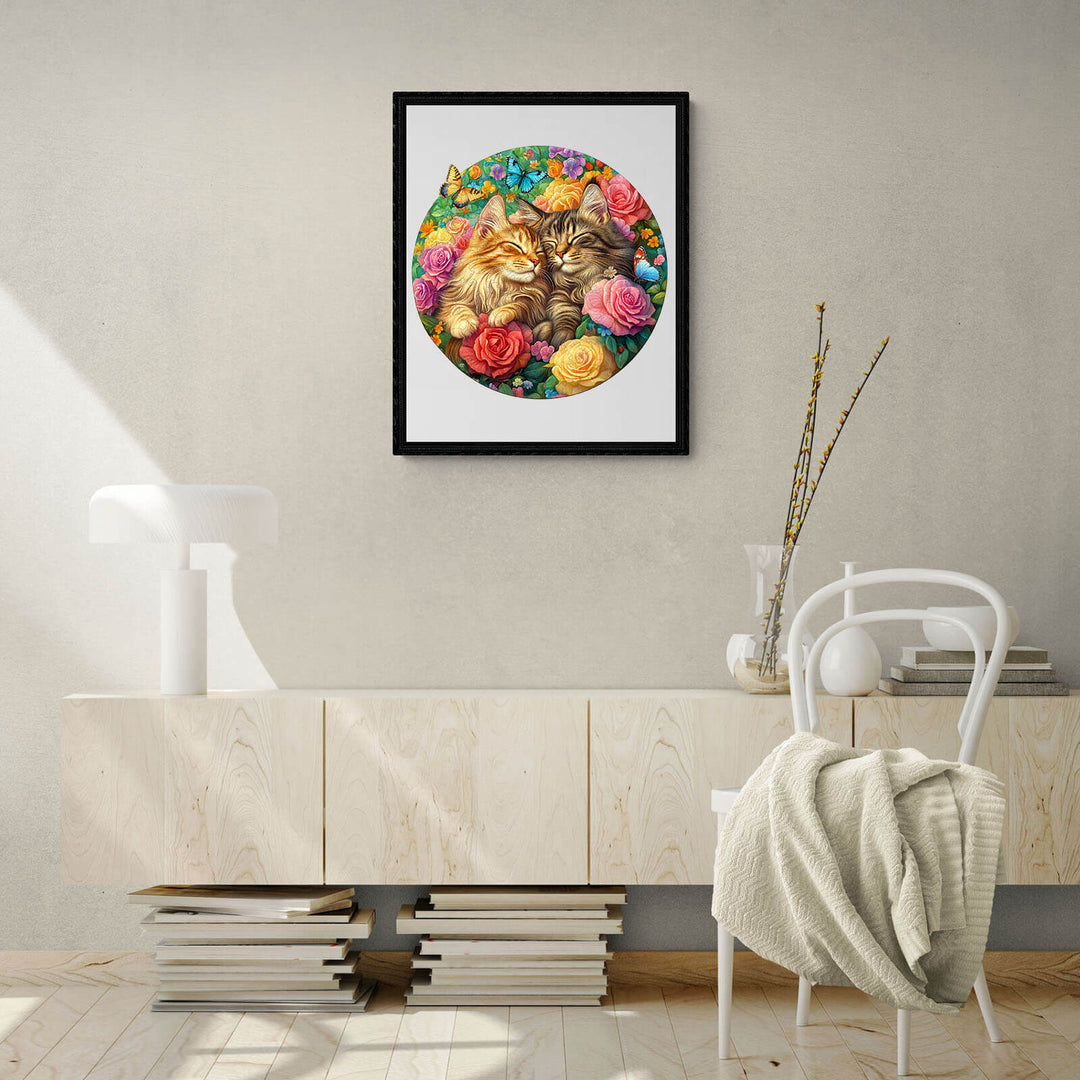 Framed artwork of two cats surrounded by colorful flowers in a modern interior setting.