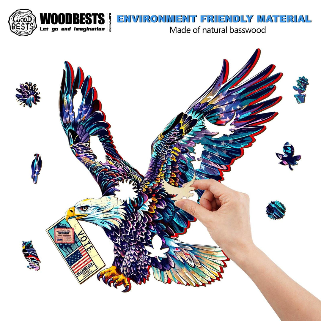 Bald Eagle's Vote jigsaw puzzle featuring vibrant colors and eco-friendly natural basswood pieces for mind games.
