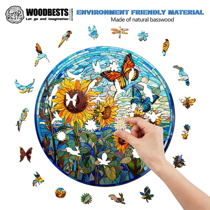Person assembling a Stained Glass Sunflower puzzle made of natural basswood, featuring colorful butterflies and flowers.
