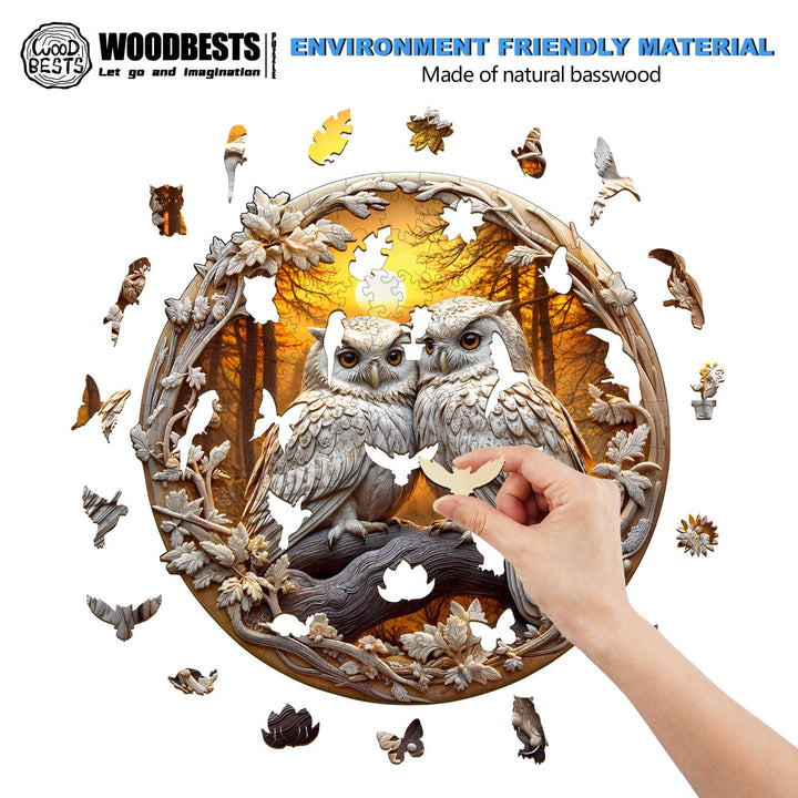 3D Owl-3 wooden jigsaw puzzle made from natural basswood, showcasing owl motifs and puzzle pieces being assembled.