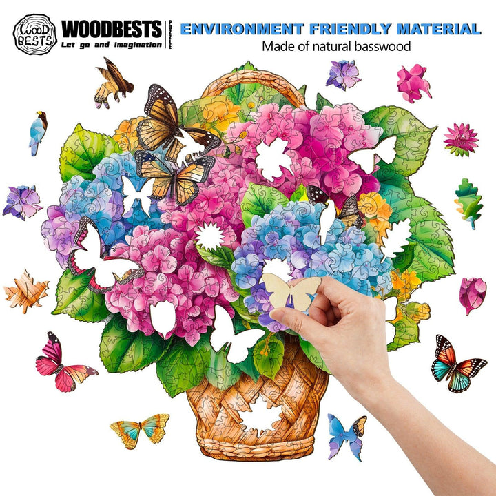 Colorful wooden jigsaw puzzle of a flower basket with butterflies, made from natural basswood, eco-friendly design.