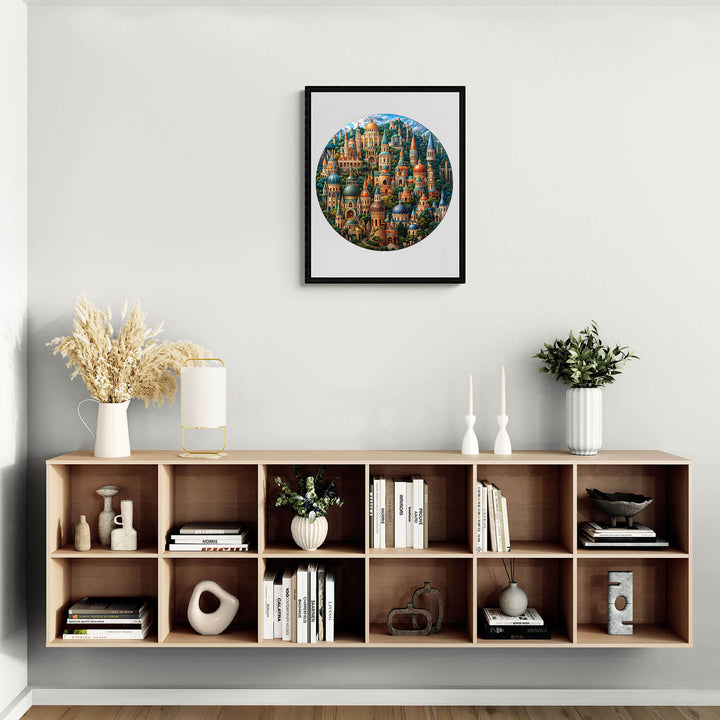 Modern living room showcasing a wooden shelf with decorative items and a framed circular art piece on the wall.