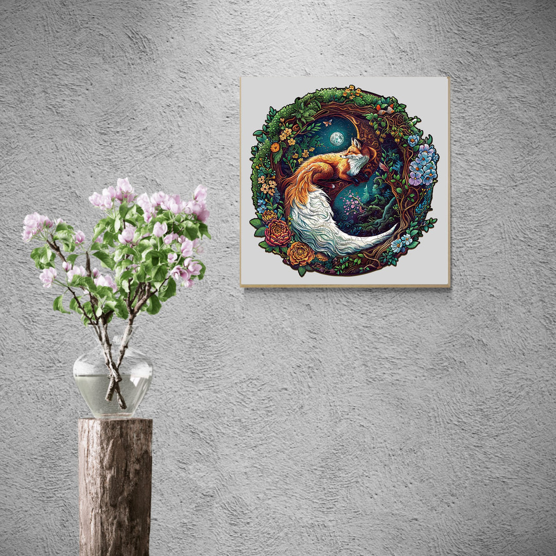 Yin Yang Fox-2 wooden jigsaw puzzle artwork on wall, surrounded by flowers in a vase, showcasing mind games.