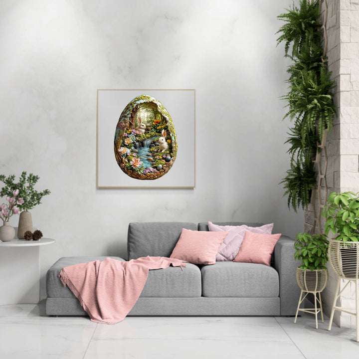 3D Wonderland Easter wooden jigsaw puzzle displayed in a cozy living room with plants and decorative pillows.
