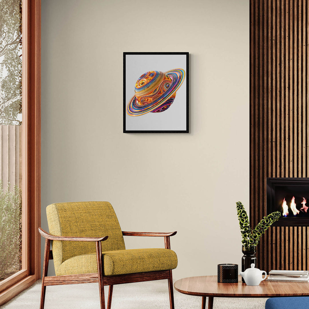 Colorful 3D Fantasy Saturn wooden jigsaw puzzle displayed in a stylish living room setting.