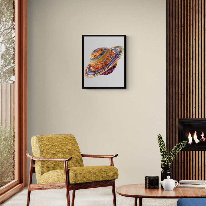 Colorful 3D Fantasy Saturn wooden jigsaw puzzle displayed in a stylish living room setting.