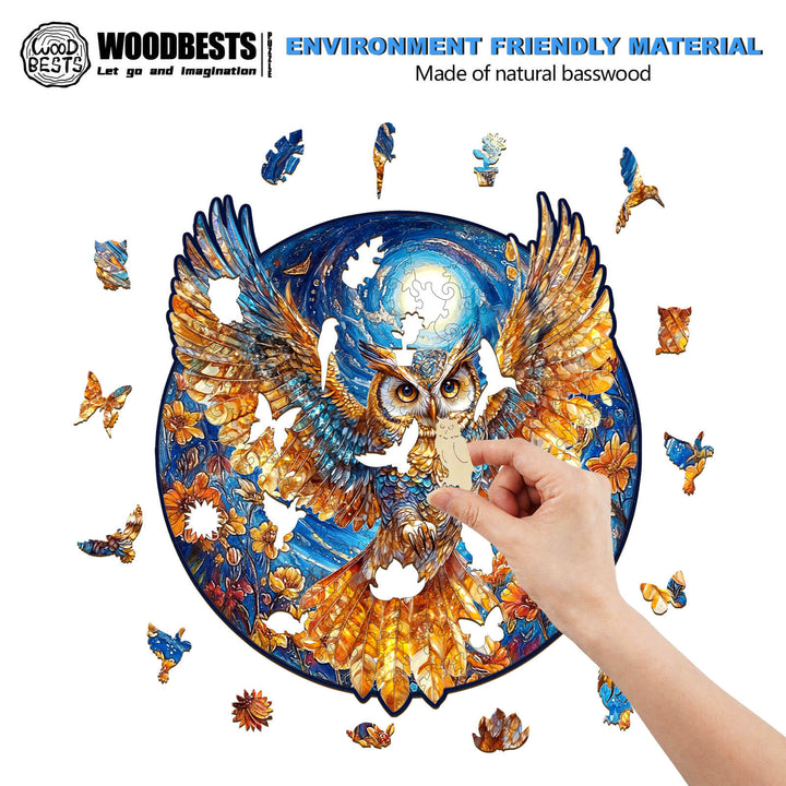 Person assembling a Golden Owl wooden jigsaw puzzle, showcasing intricate natural basswood design and vibrant colors.
