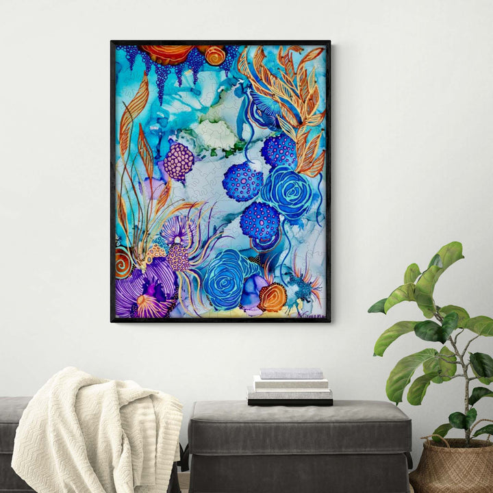 Colorful abstract art titled 'Atlantis' by Amy Tieman, showcasing vibrant flowers and marine-inspired designs.