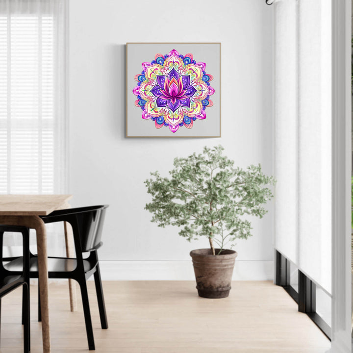 Colorful Mandala Lotus artwork displayed in a modern living room with a potted plant and dining chairs.