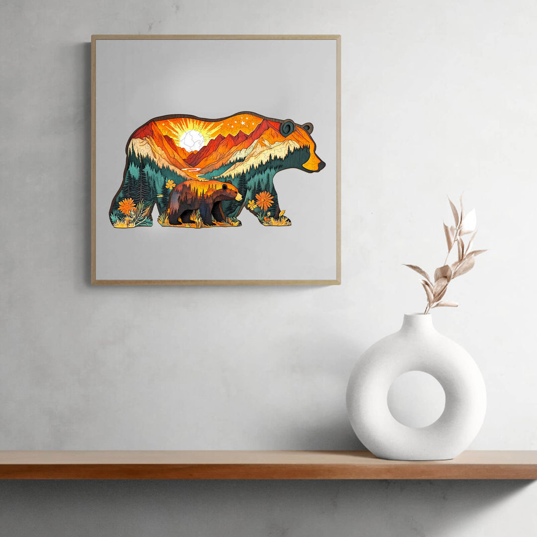 Colorful bear illustration with mountains and sunset, perfect for nature lovers and puzzle enthusiasts.
