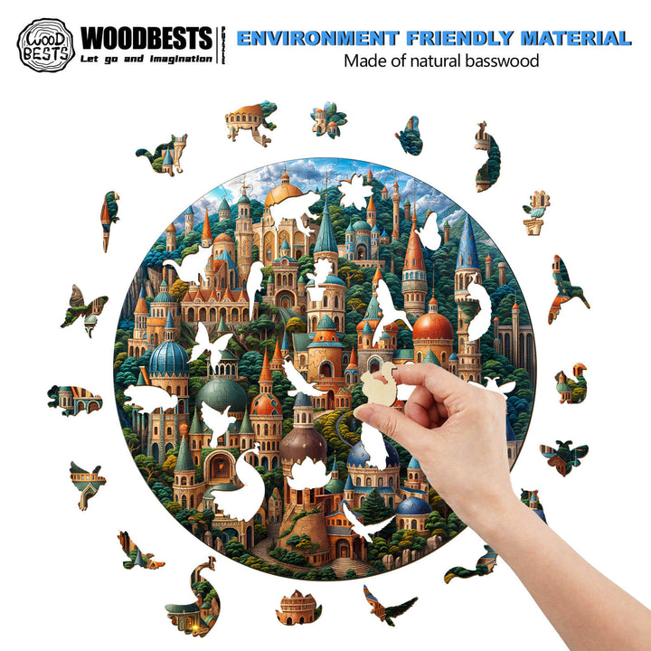 Person assembling the SEEK AND FIND CATS wooden jigsaw puzzle made from natural basswood, showcasing vibrant illustrations.