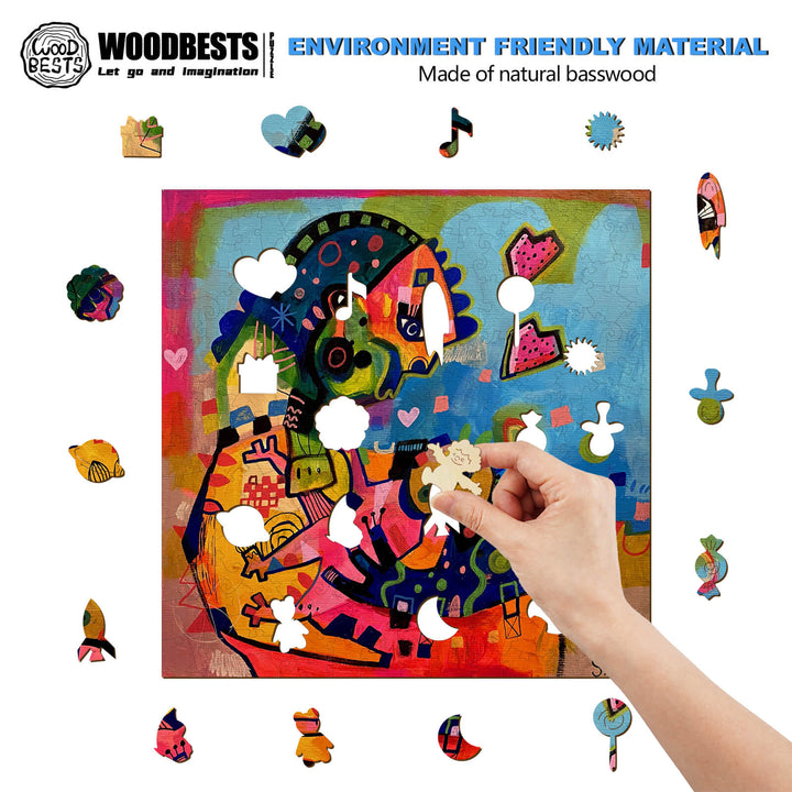 Colorful wooden puzzle featuring various shapes and designs, made from eco-friendly basswood.