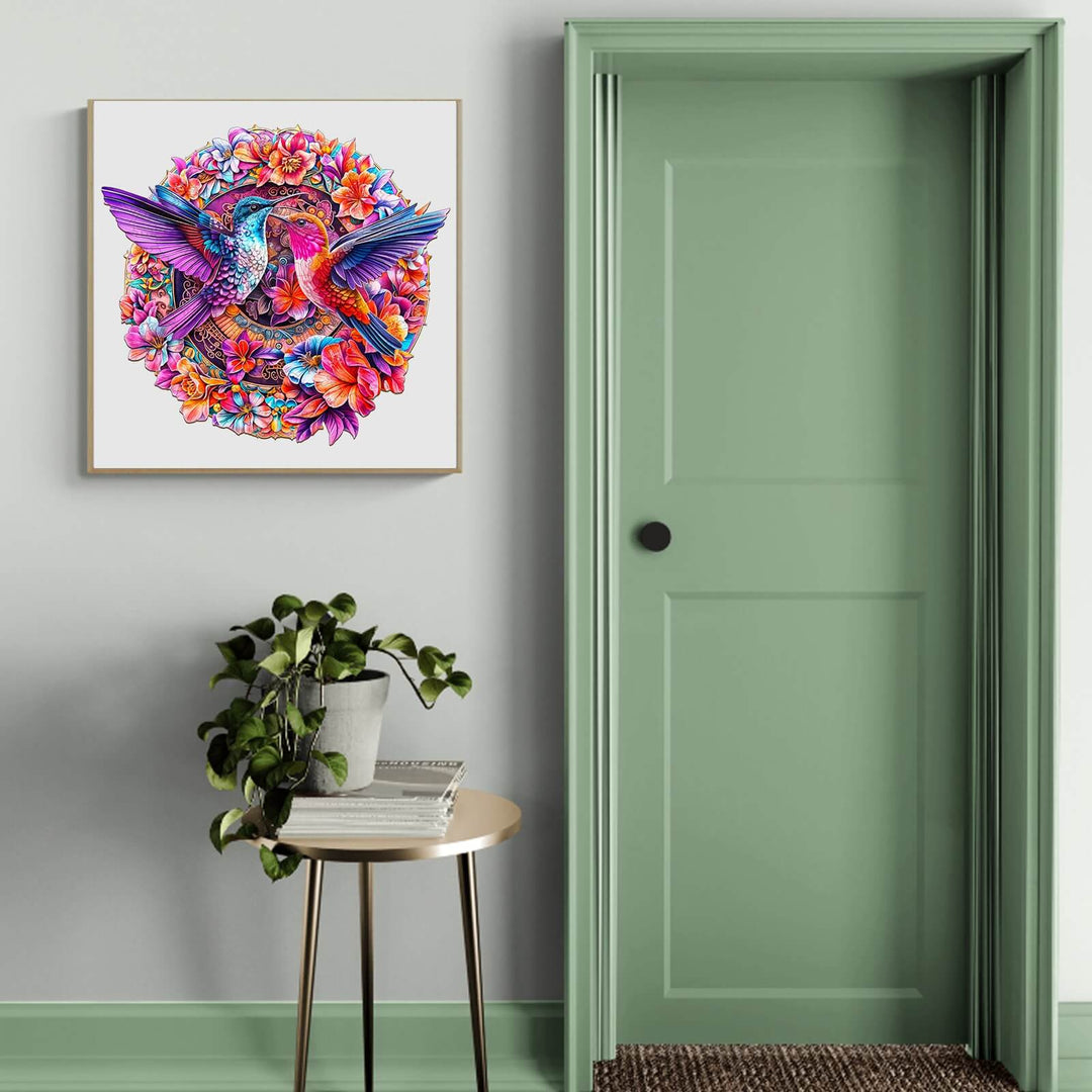Colorful Flower Hummingbird jigsaw puzzle displayed in a room, enhancing focus and creativity in puzzle solving.