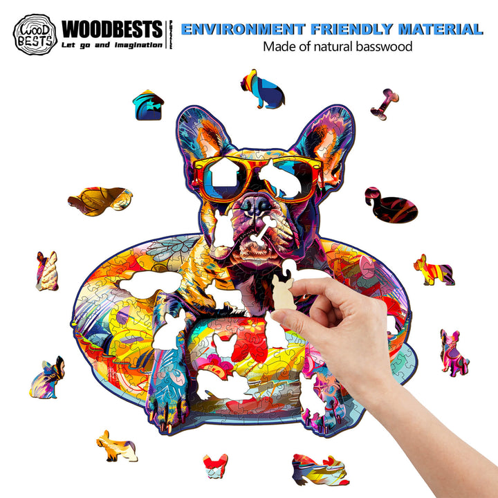 Colorful wooden jigsaw puzzle featuring a French Bulldog, made of eco-friendly basswood, enhancing focus and cognitive skills.