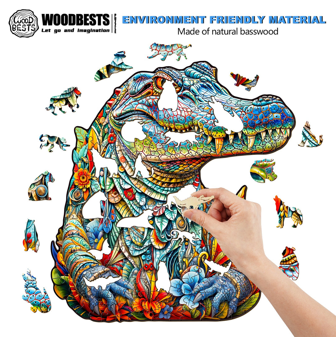 Colorful Crocodile Wooden Jigsaw Puzzle made from natural basswood, promoting focus and problem-solving skills.