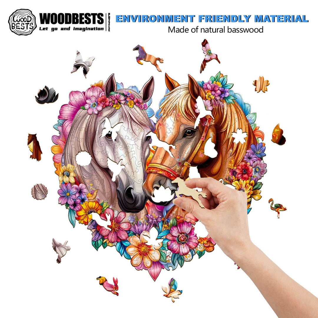 Wooden jigsaw puzzle featuring two horses surrounded by flowers, showcasing eco-friendly design and engaging gameplay.