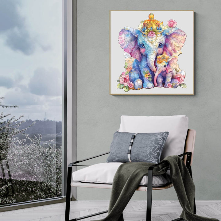 Colorful parent and child elephants illustration on a wall in a modern room, ideal for puzzle lovers and decor.