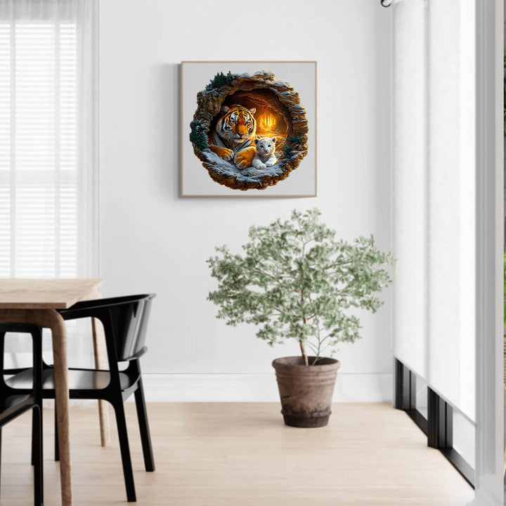 3D Tiger Family-2 wooden jigsaw puzzle displayed in a modern living room with natural light.