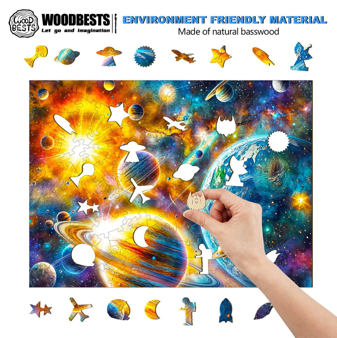 Close-up of a hand placing a piece in the Cosmic Reverie-1 Wooden Jigsaw Puzzle featuring a colorful space theme.