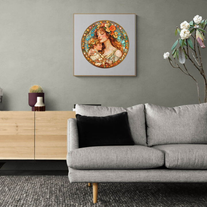 Maternal love wooden jigsaw puzzle artwork displayed in a modern living room, enhancing home decor with a warm aesthetic.