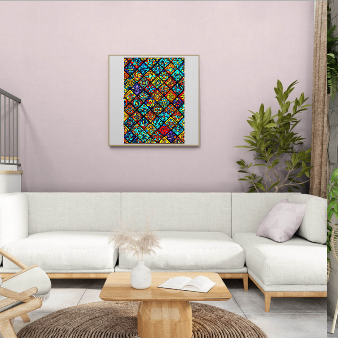 Colorful Mandala Kaleidoscope-1 wooden jigsaw puzzle displayed in a modern living room.