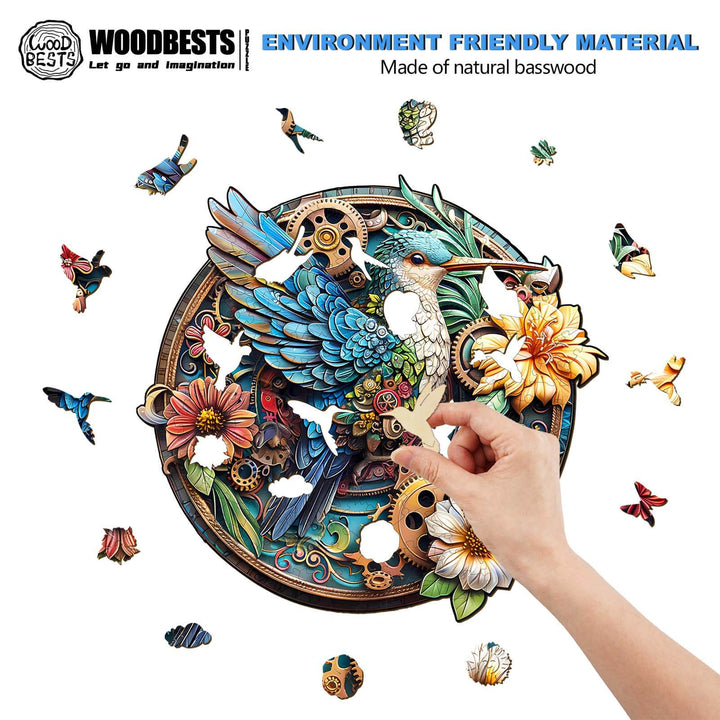 Person assembling the Graceful Hummingbird-1 wooden jigsaw puzzle, made of natural basswood, showcasing vibrant colors and intricate design.