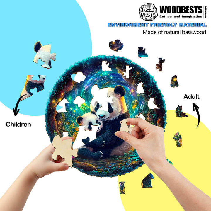 3D panda family wooden jigsaw puzzle with children and adults assembling pieces, promoting focus and eco-friendly play.
