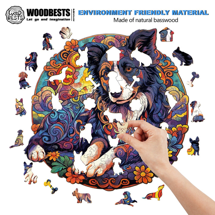 Mandala Border Collie Wooden Jigsaw Puzzle