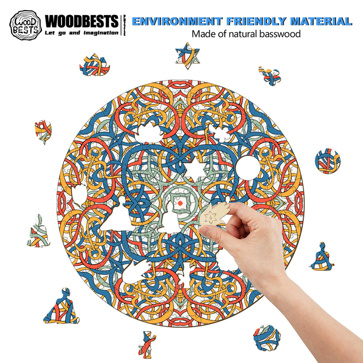 Colorful mandala puzzle made of natural basswood, featuring intricate patterns and designs, ideal for creative play.